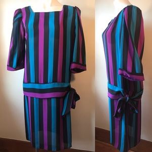 Vintage 1980s Dress, Striped Purple, Blue, Black